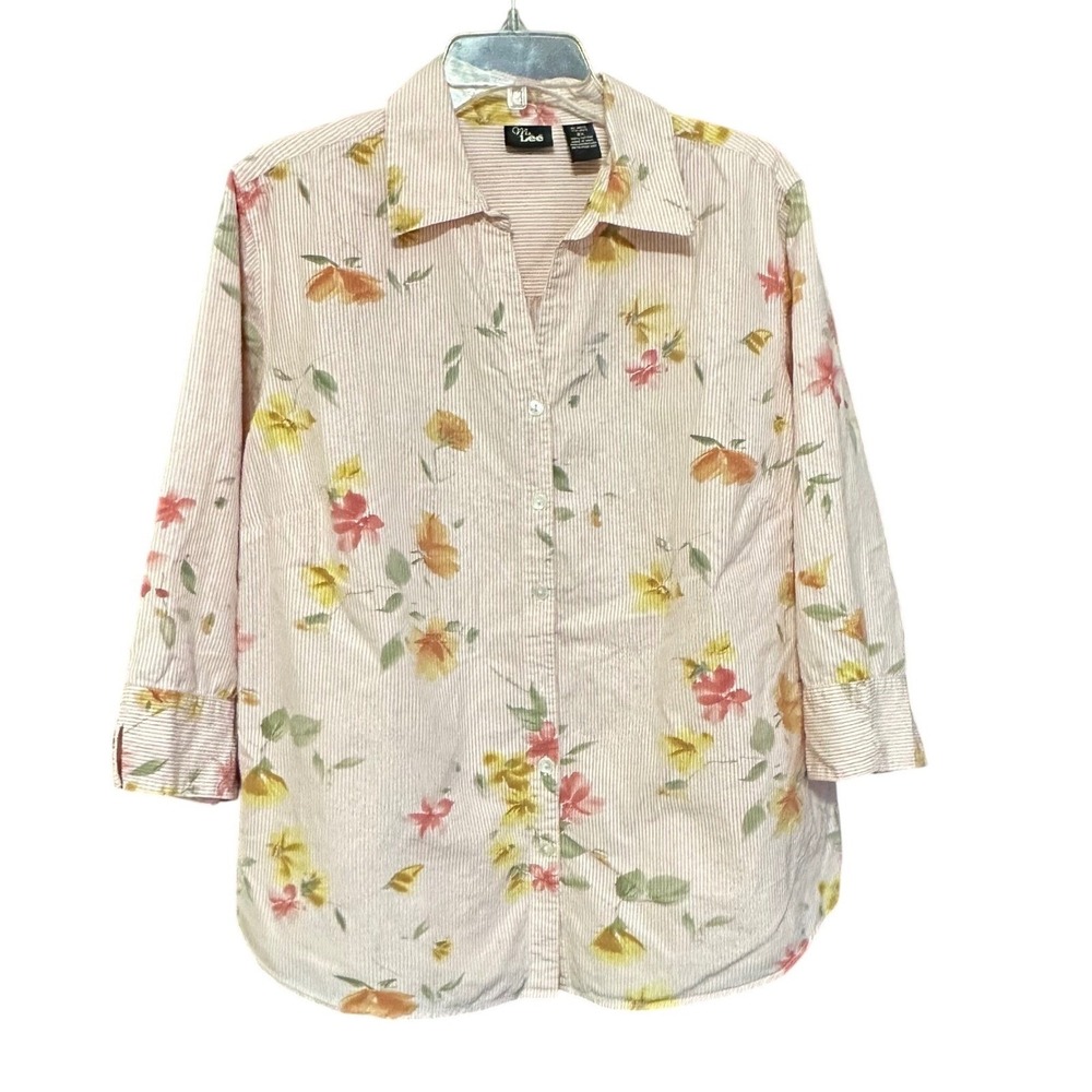 Ms Lee Women's 2X Pink Striped Floral Print Collared Button Up Shirt Top Coastal